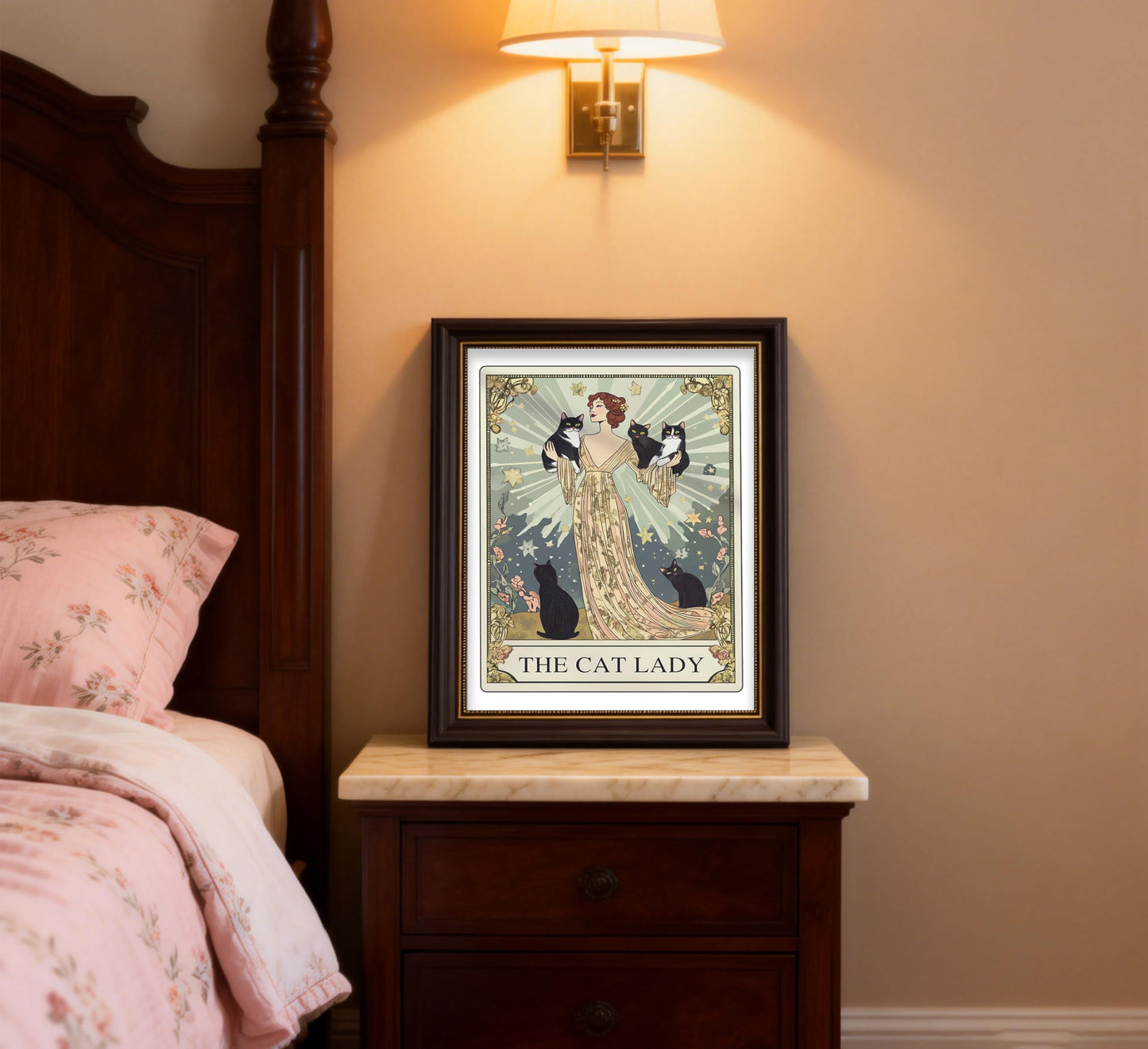 Framed Cat Lady Tarot Wall Art, Cute Animals, Stars & flower Painting Canvas Prints, Whimsical Vintage Black Cats Poster, Mysterious Elegance Artwork for Bedroom Living Room and Cat Lovers 9x11 in