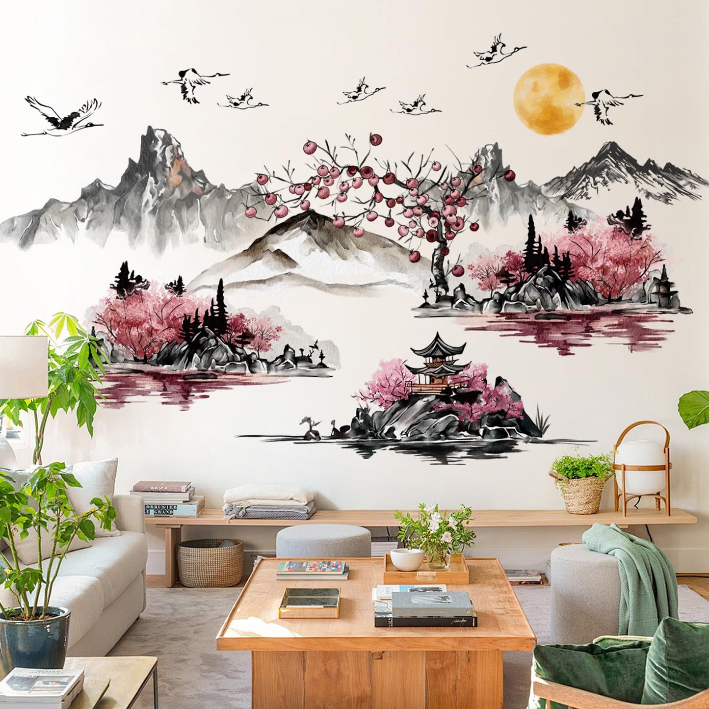 DRWSSR 3 Sheets Removable Chinese Style Splash Ink Landscape Painting Wall Decal DIY Red Sun Flying Bird Pavilion Red Forest Art Mural for Living Room Bedroom TV Background Wall Home Decor
