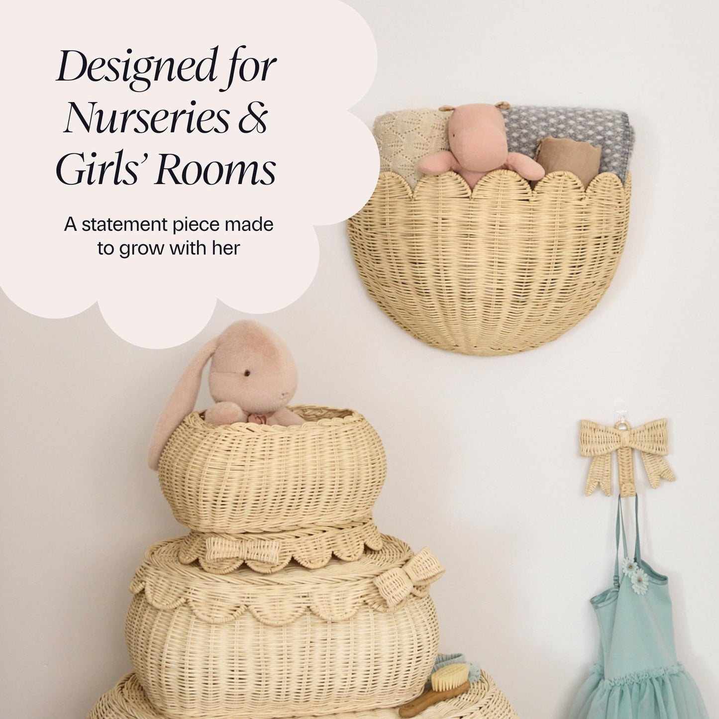 BEBE BASK Handwoven Rattan Bow Wall Hooks Set of Two (5.9 × 5.1 in) – Decorative Wall Hooks, Bow Decor for Girl’s Room & Nursery Decor