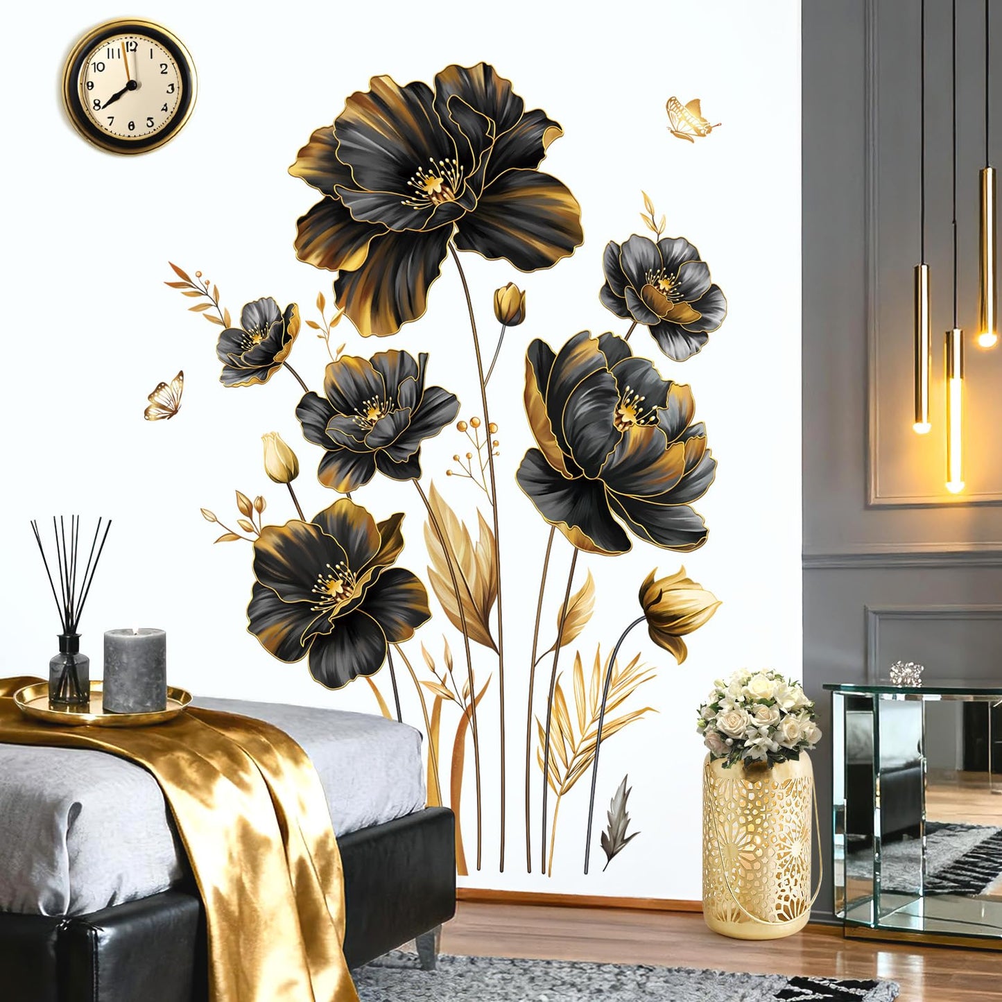 decalmile Large Black Gold Flower Wall Stickers Floral Gold Leaves Plants Butterfly Wall Decals Bedroom Living Room Sofa TV Background Home Decor