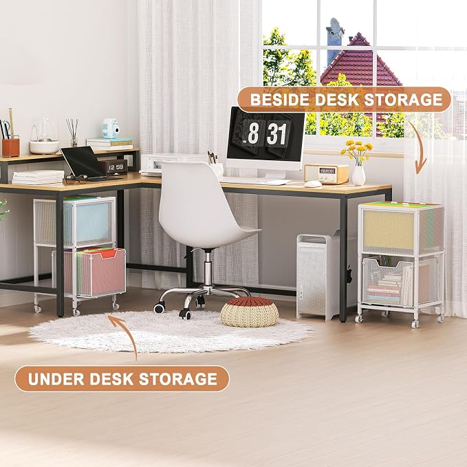 Tiaoheka Rolling File Cart, Mobile File Cabinet with Wheels Hanging Files, Hanging File Organizer Fit Letter/Legal Size Beside Under Desk for Office, Home White（Patent Pending）
