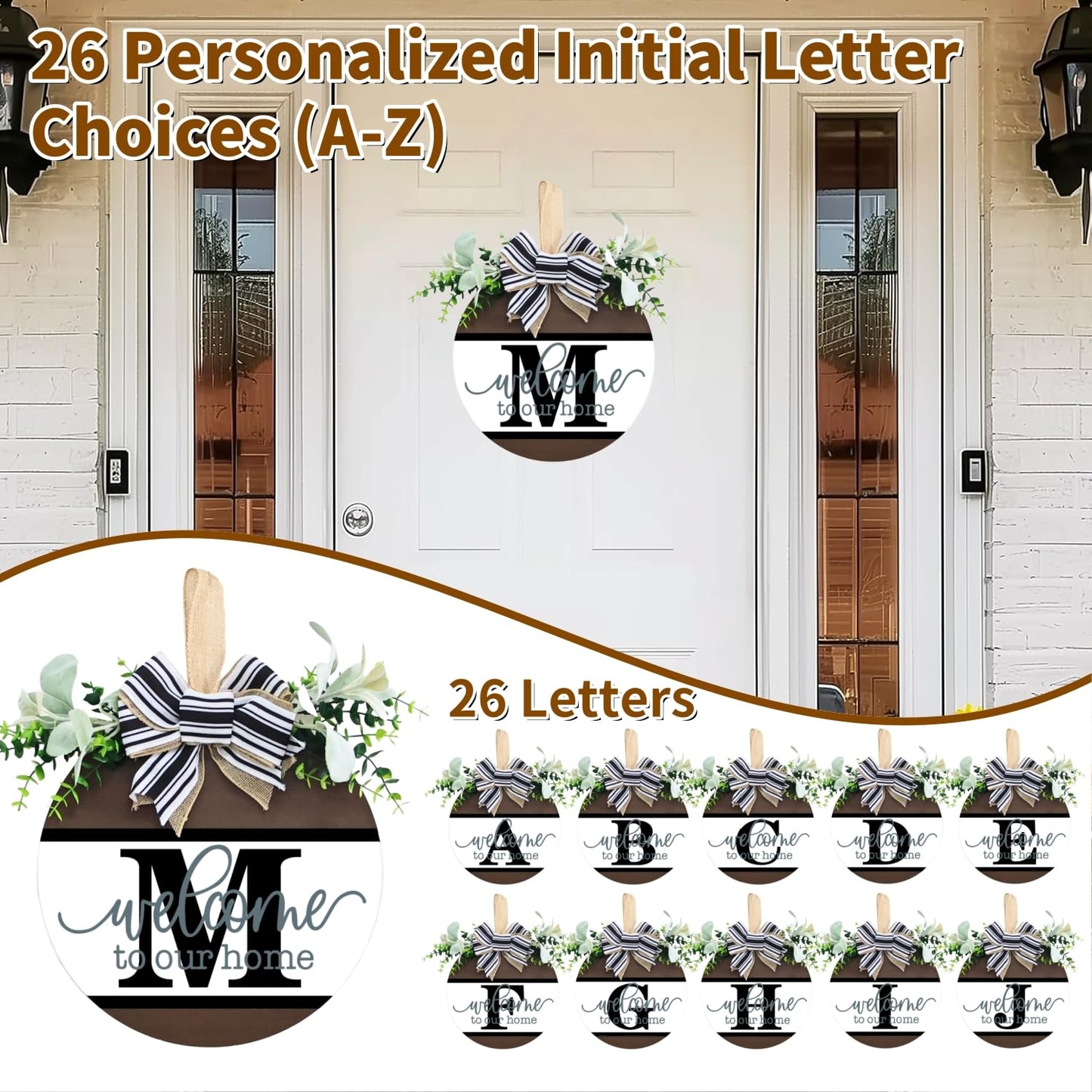 Personalized Last Name Welcome Sign with 26 Initial Letter Welcome Sign for Front Door Porch Farmhouse Decoration, Durable Wood Hanging Plaque for Year-Round Curb Appeal (M)