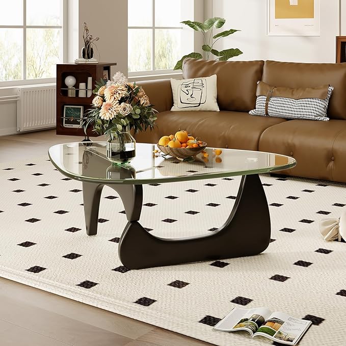 Coffee Table for Living Room Mid Century Modern Center Table with Glass Top and Wood, 36 Inch, Transparent/Black
