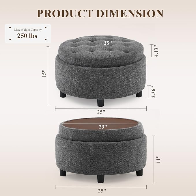 COLAMY Fabric Round Storage Ottoman with Reversible Tray Lid – Multi-Functional Footrest, Hidden Storage, Sturdy & Stylish Small Coffee Table for Living Room, Bedroom, or Entryway(Dark Grey)