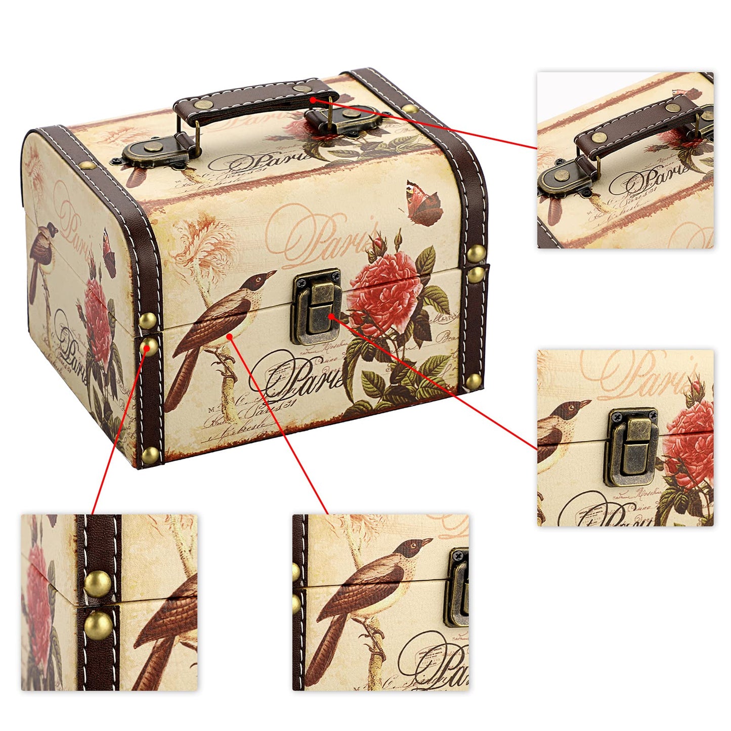 ELLDOO Decorative Treasure Chest Box, Wooden + PU Leather Storage Box for Jewelry Trinkets, Keepsakes box for Girls Women Gifts (Bird + Flower Pattern)
