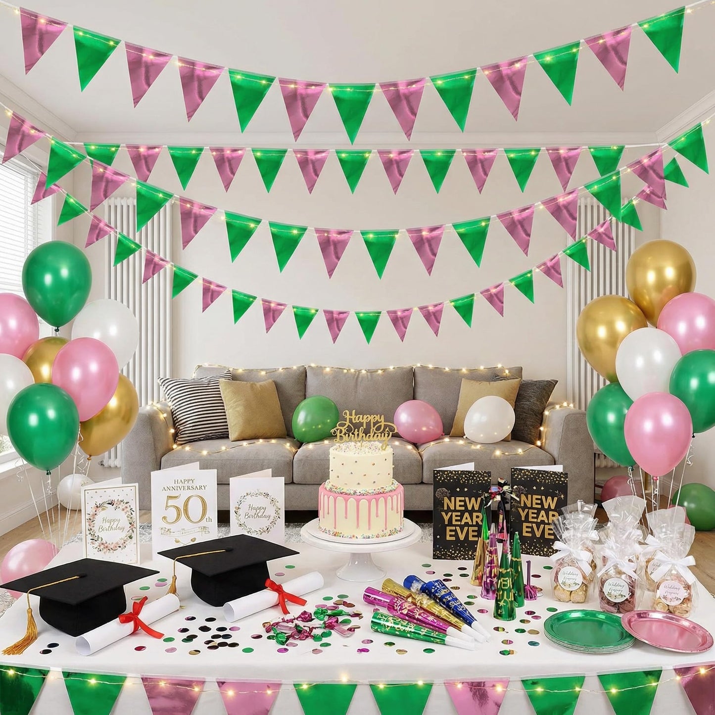 64ft Green and Pink Triangle Pennant Banner Flag Metallic Paper Bunting Garland for Hanging Backdrop Birthday Decorations Graduation Bachelorette Bridal Wedding Shower Party Supplies