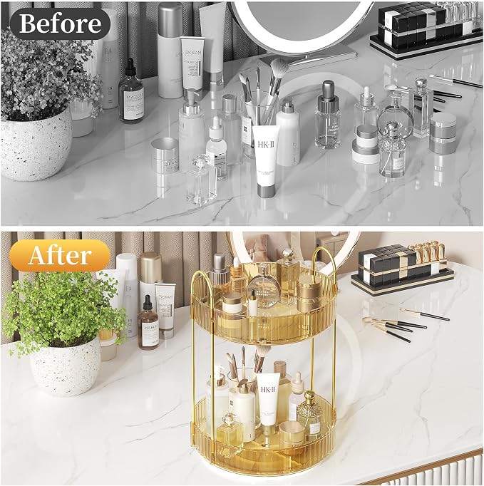 Rotating Makeup Organizer Countertop,Skincare Organizers,Spinning Perfume Tray Stand,Makeup Storage Organizer for Vanity,Bathroom Organizer and Storage,Lazy Susan,2 Tier,Gold