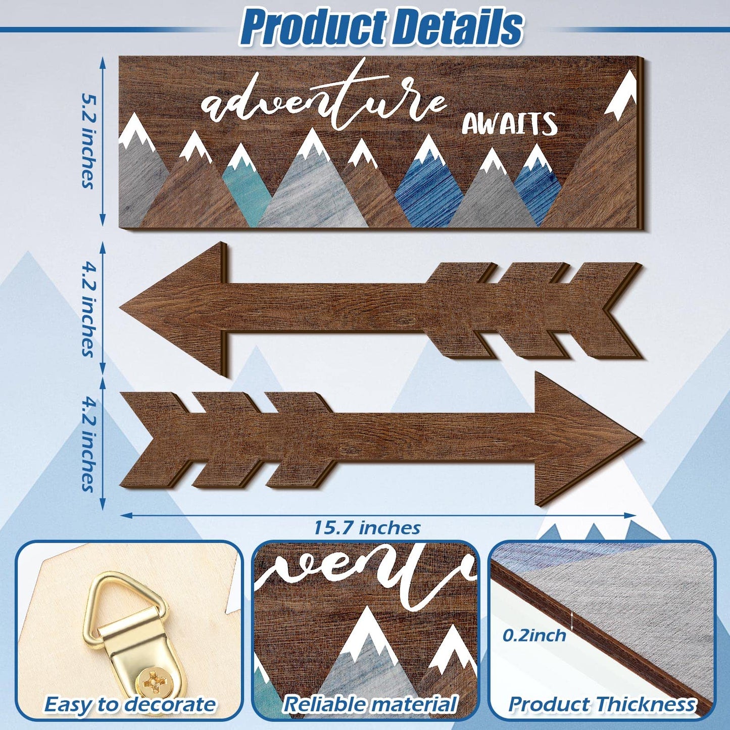 Yookeer 3 Pieces Adventure Awaits Wood Rustic Sign Wood Arrows Wall Decor Inspirational Wooden Decorative Rustic Home Wall Hanging Geometric Mountain Canvas Art for Home Office Room