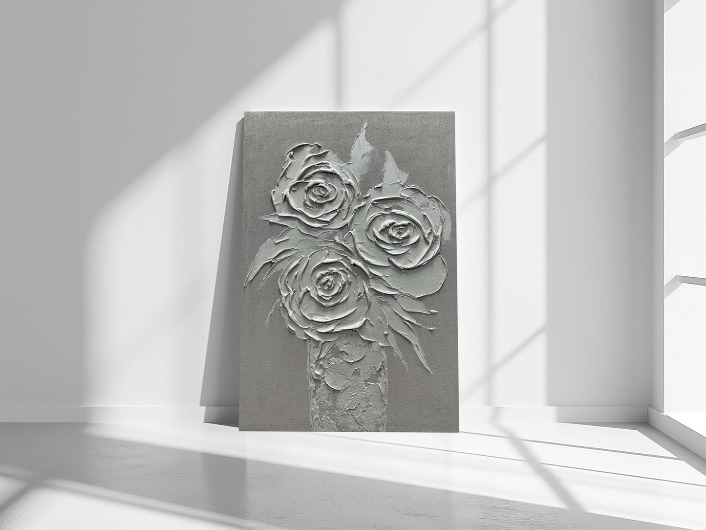 moshinart 24 x 36in Hand-Painted Oil Painting 3D Texture Black White Grey Modern Minimalist Black Abstract Wall Art, Home Office Wall Decoration White Rose