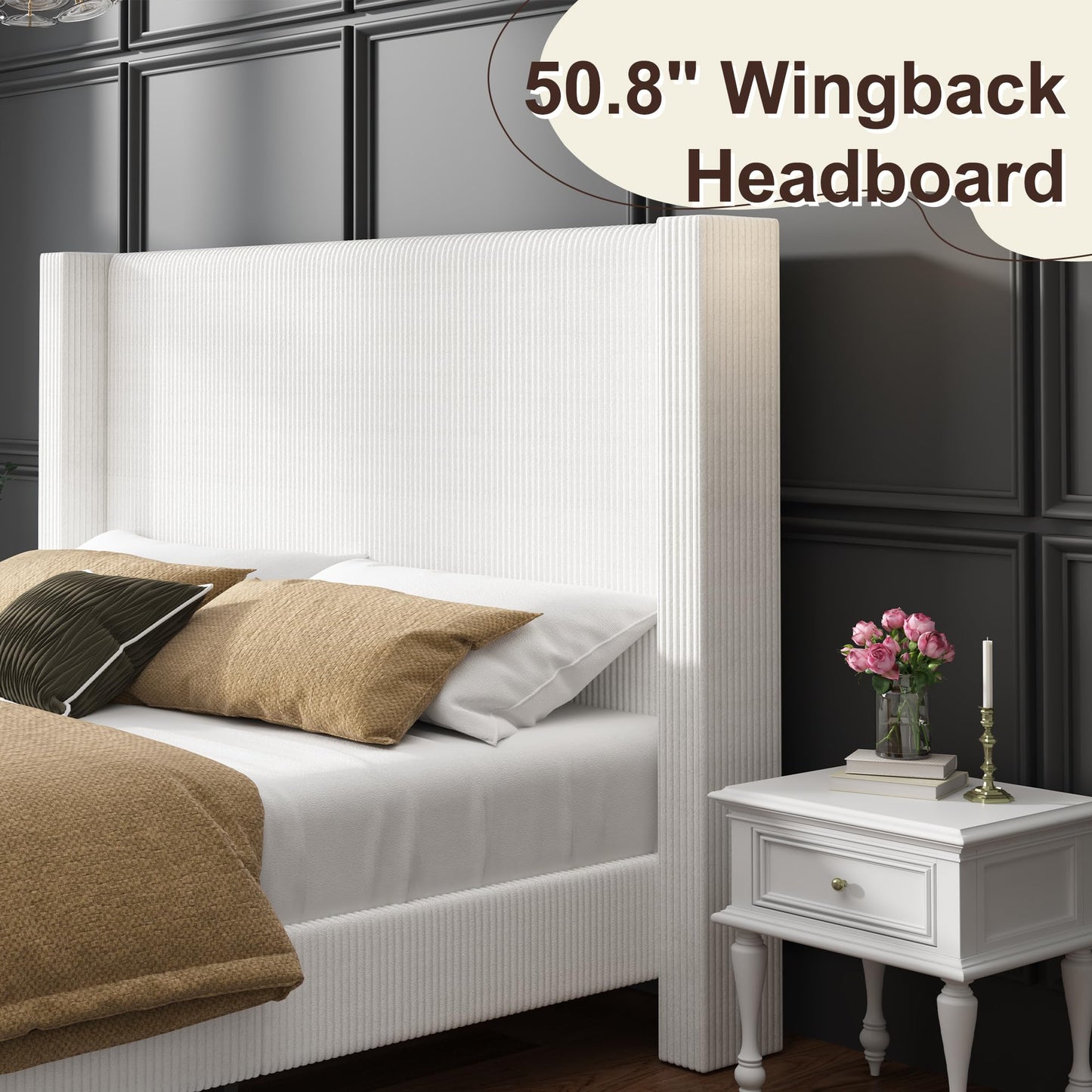 HOWE California King Size Bed Frame with 50.8" Tall Wingback Headboard, Modern Corduroy Upholstered Platform Bed Frame with Solid Wood Slats & Legs, No Box Spring Needed, Noise-Reducing Design, White