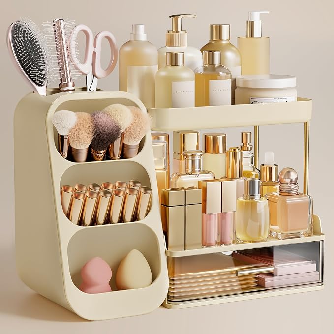 HBlife Bathroom Organizers and Storage with Brush Holder for Vanity, 3 Tier Plastic Makeup Organizer for Dresser Counter, Skincare, Lipstick, Perfume, and Cosmetic Storage, Beige