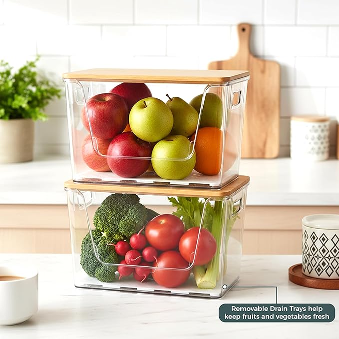 2 Set Pantry organizers and Storage,Trash Bag Holder Under sink Organizer for 4-13 Gal Bags,Trash Bag Dispenser with Bamboo Lids and Stackable Clear Bins for Potato, Onion, Garlic, Fruit, Vegetables