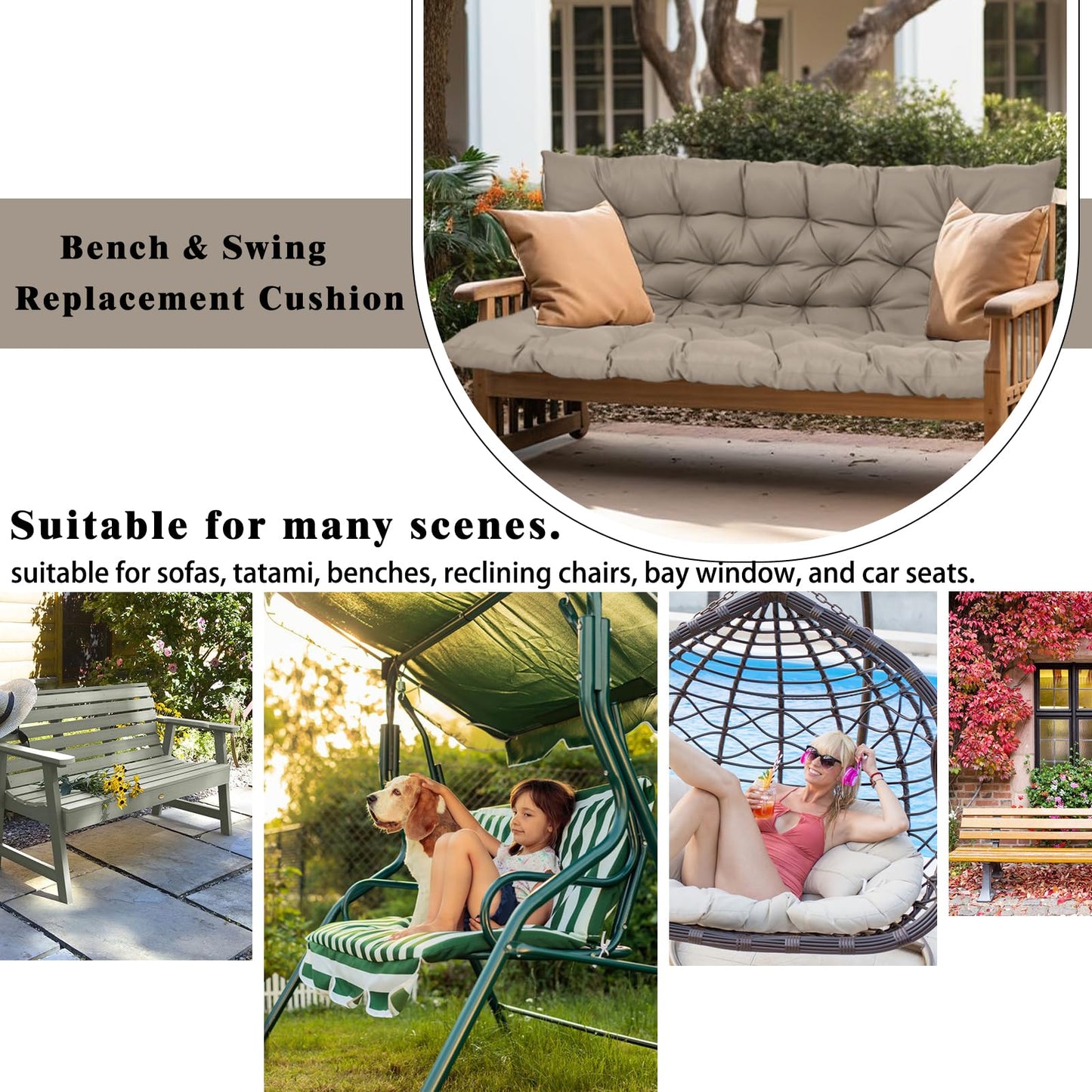 HIYEN Porch Swing Cushions 3 Seater Replacement, Waterproof Bench Cushions for Outdoor Furniture with Backrest, 4" Thickened Patio Swing Cushion with Ties (Khaki, 60 * 40 inch)