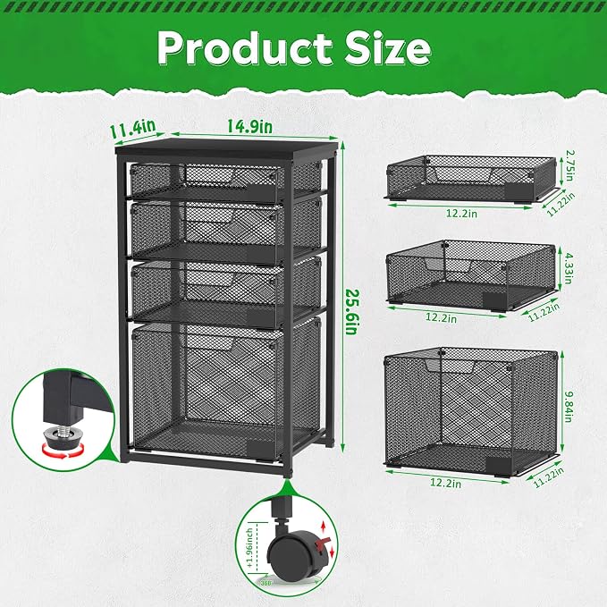 Sbanmao 4 Drawers Rolling Storage Cart, 1 Large Drawer (11.22"D x 12.2"W x 9.84"H) & 3 Small Drawers, Rolling Storage Cart with Lockable Wheels, Craft Storage Cart for Bedroom, Office, Black