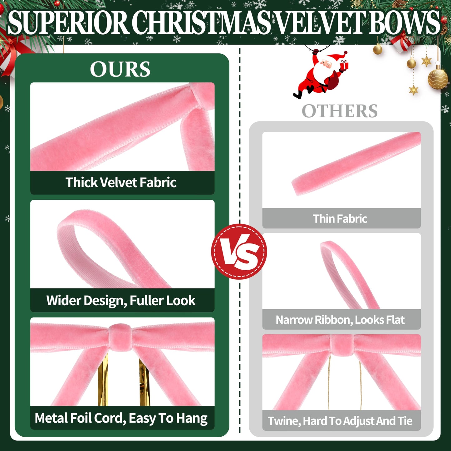 Lavwix 40Pcs Velvet Ribbon Bows, 5x7 Inch Pre-Tied Bows Christmas Ornaments for Xmas Tree, Garland, Wreath, Gift and Holiday Home Décor (5 x 7 Inch, Width of 3/8",Pink)