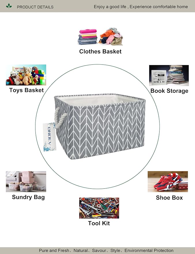 Thick Collapsible Rectangular Storage Bin with Cotton Rope Handles,Grey Chevron Fabric Organizer for Bedroom,Closet,Bathroom (Grey Chevron)