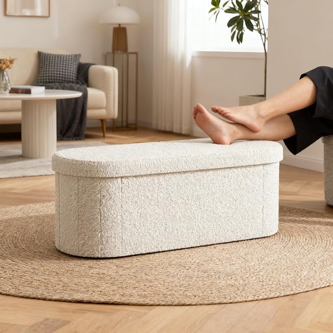 GLAXYFUR Oval Storage Ottoman Bench, Sherpa Foot Rest, 43 Inch Folding Chest for Living Room, Bedroom (Beige)