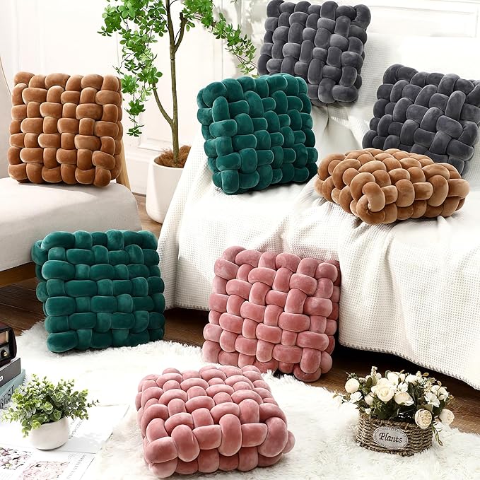 Wenqik 2 Pcs Knot Pillows Square Knotted Plush Throws Soft Accent Pillows Decoration Cushion for Couch Home Office Living Room Bedroom Bed Sofa Decor, 12'' x 13''(Dark Gray,Crystal Velvet)