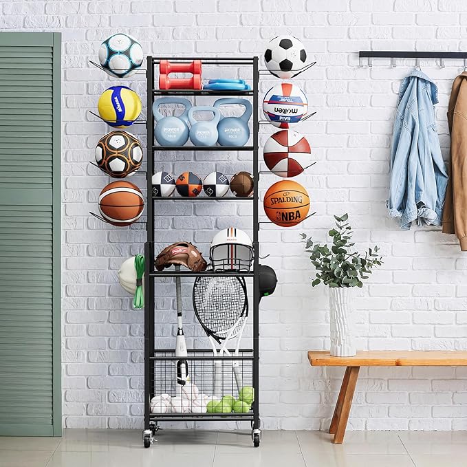 OYEAL Freestanding Ball Rack with Wheels Garage Basketball Storage Cart Outside Sports Equipment Organizer Ball Holder with Storage Baskets for Basketball, Soccer, Volleyball, Football, Black