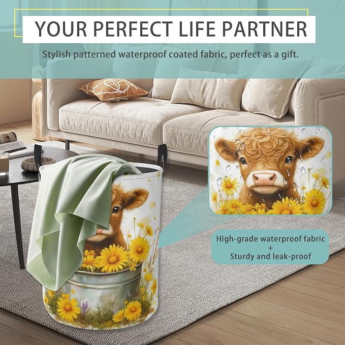 Cute Highland Cow Round Laundry Basket Collapsible Laundry Hamper with Handles Toys Clothes Organizer Bin For Home Bathroom Bedroom Dorm Nursery