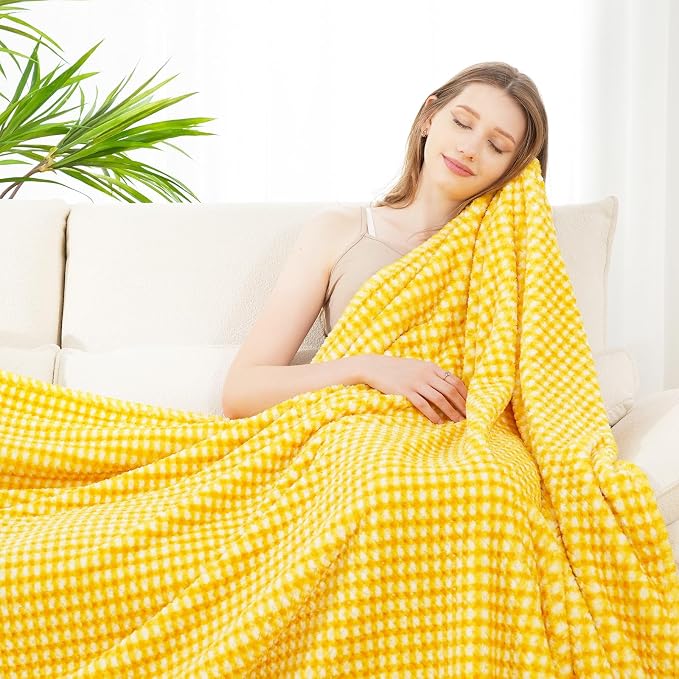 Zyrah Yellow and White Fleece Twin for Couch Super Soft Twin Blanket Plaid Lightweight Decorative Fuzzy Cozy Blankets for Sofa Chair Bed 60x80 Inches