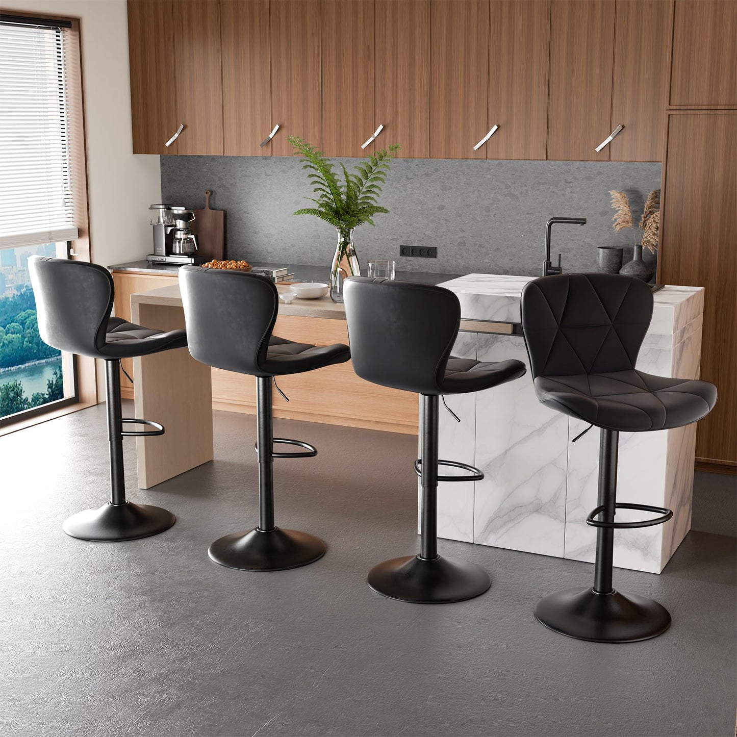 Nalupatio Modern Bar Stools Set of 2, Adjustable Faux Leather Upholstered Swivel Bar Stools, Counter Height Bar Chairs with Back for Kitchen Island, Black