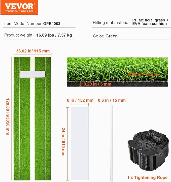 VEVOR 10x3ft Softball/Baseball Pitching Mat with Rubber Mound - Anti-Fade Turf & Anti-Slip Foam Backing, Portable Fastpitch Training Aid for Indoor/Outdoor Practice (Red/Green)