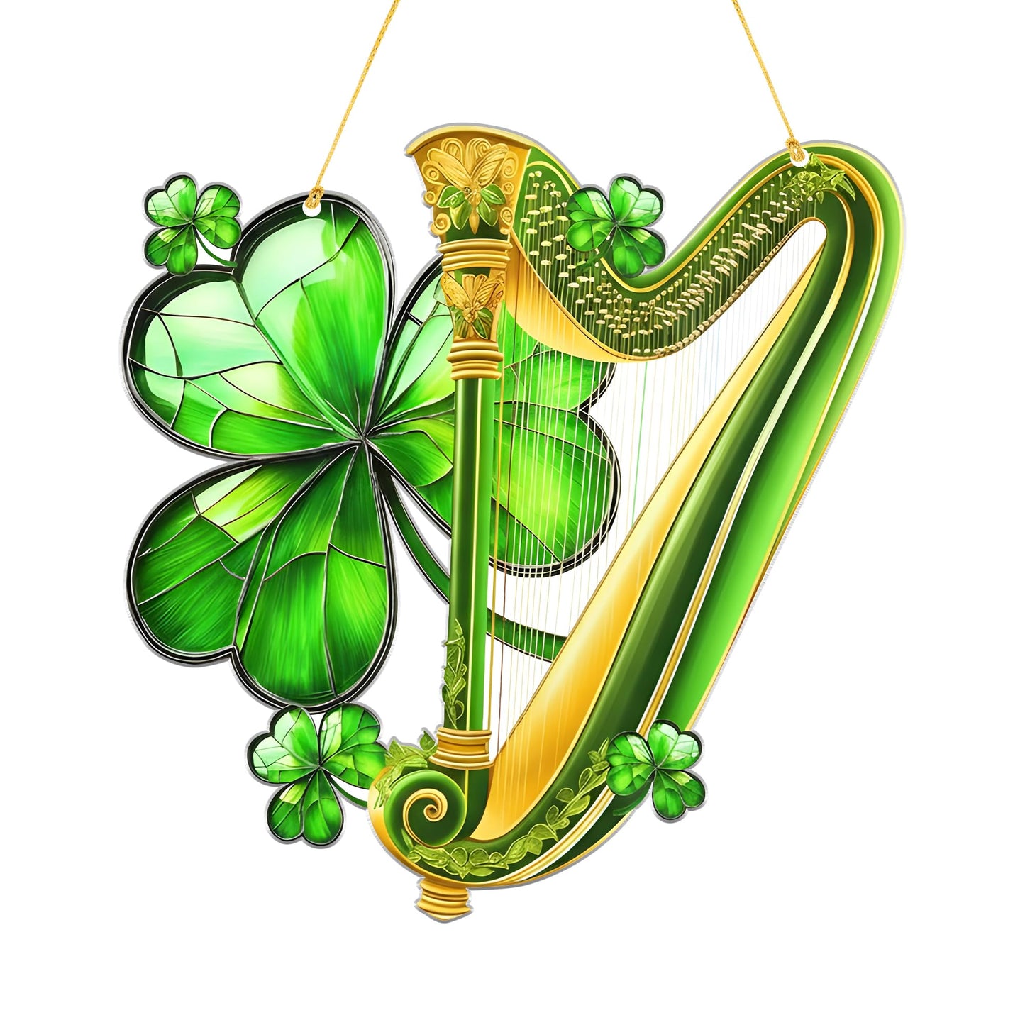 Irish Harp and Shamrock 2D Flat Acrylic Hanging Ornament, Green Gold Celtic Music Inspired Window or Wall Decor, Lucky Clover Holiday Decoration for Home Seasonal Display Gift Idea