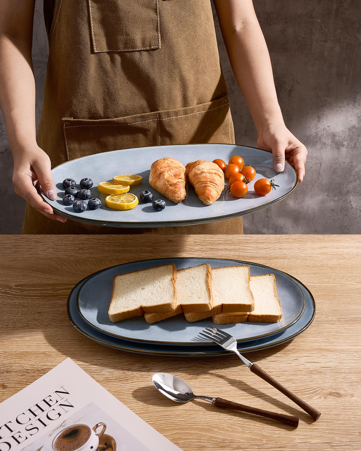 famiware Serving Platter, Oval 15.59/14.3/12.9inch Serving Dishes for Entertaining, Serving Bowls, Reactive Glaze, Stoneware Serving Trays for Party, Food, Turkey, Cheese, Ocean Series, Blue