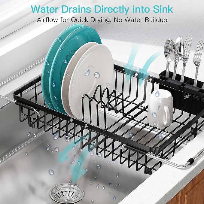 JASIWAY Black Expandable Stainless Steel Over The Sink Dish Drying Rack for Small Kitchen Counter Space Saving, Compact Plate Drainer Strainer, Adjustable Hanging Metal Dish Dryer with Utensil Holder