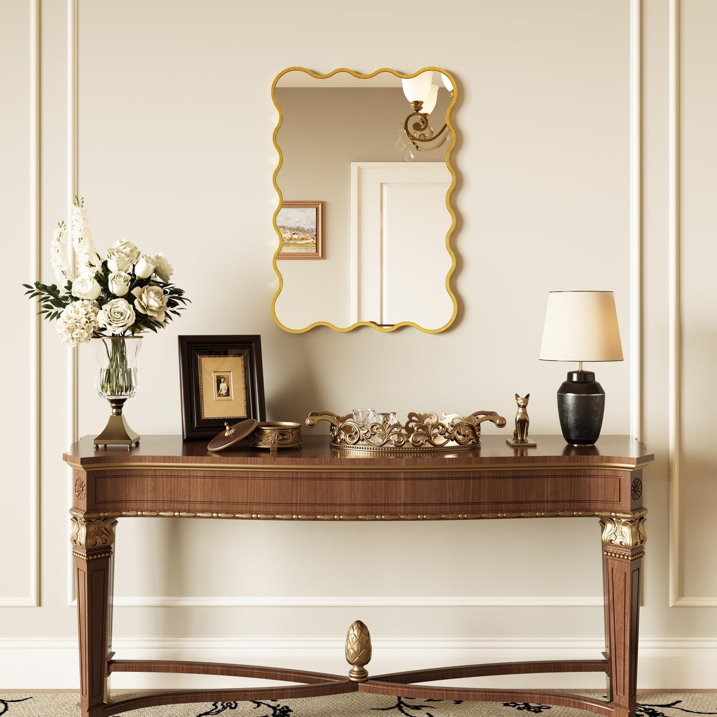 Kelly Miller 22x32 Inch Gold Scalloped Mirror, Large Rectangular Wavy Edge Bathroom Vanity Wall Mirror Decorative for Bedroom Living Room Entryway Fireplace Mantle