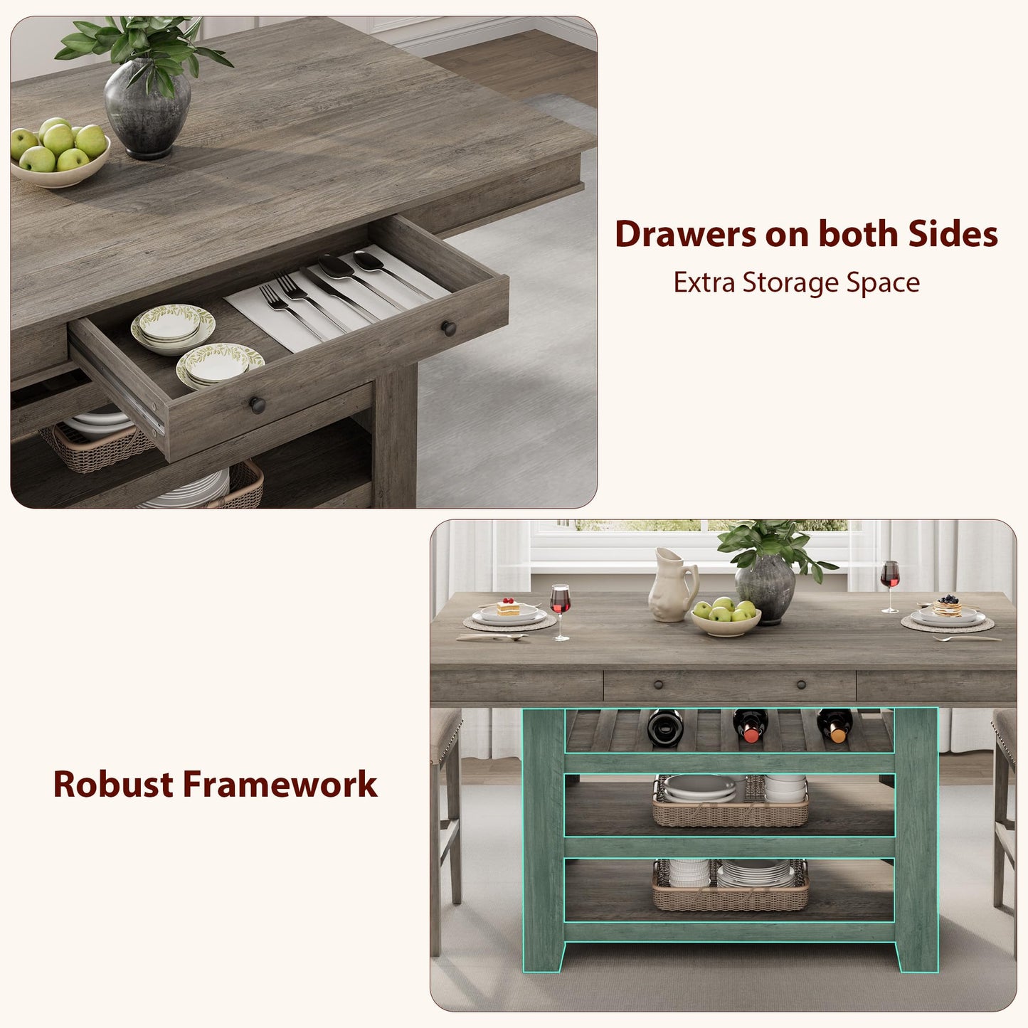Garvee Counter Height Dining Table with 2 Drawers, 36" Farmhouse Wooden Large Bar Kitchen Table with Wine Rack & 3 Shelves, Rectangular, Thick Frame for Kitchen, Bar & Entertaining, Retro Gray