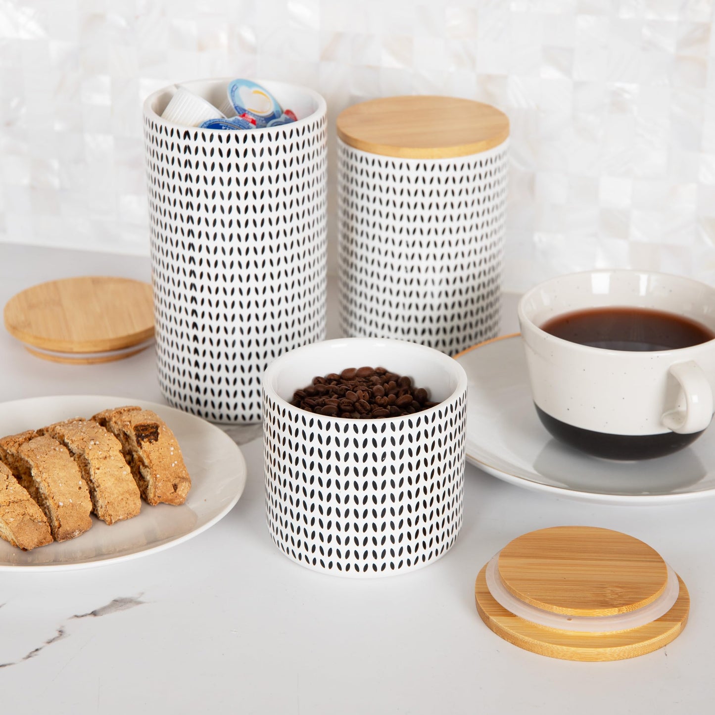Mind Reader 3-Piece Canister Set, Sugar Container, Coffee Storage, Lids, Kitchen, Ceramic, 4"L x 4"W x 7"H, Black and White