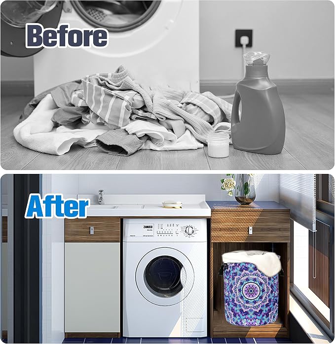 Mandala Laundry Basket Beautiful Flowers Foldable Oxford Cloth Funny Tote Bag Laundry Hamper Clothes Storage Bucket Organizer For Bathroom/Laundry Storage/Bedroom 18.9x16.5 Inch