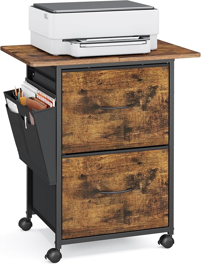 VASAGLE 2-Drawer File Cabinet, Mobile Printer Stand with Storage, Filing Cabinet for A4 Letter Size, Side Pockets, 23.6 x 15.7 x 26.8 Inch, Rustic Brown, Bellah Collection UOFC202KD01