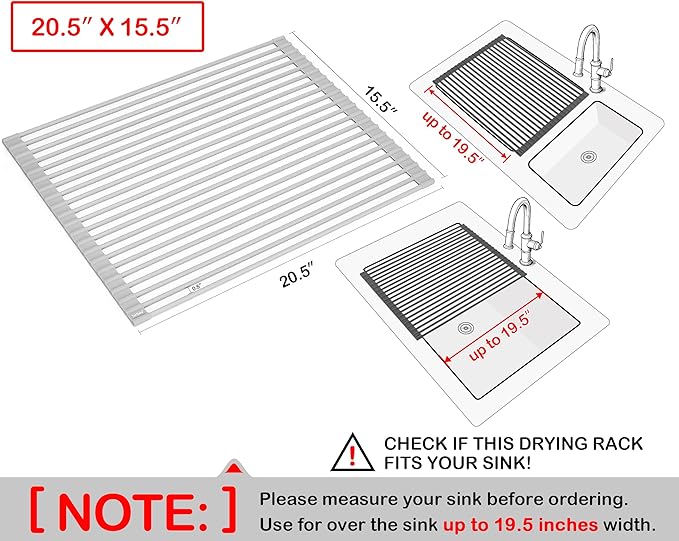 Surpahs 20.5 x 15.5 Inch Roll-Up Dish Drying Rack, Fits Across Sink Openings up to 19.5 Inches, Heavy-Duty Premium Silicone, Strong Support, Non-Slip, Heat-Resistant, Warm Gray