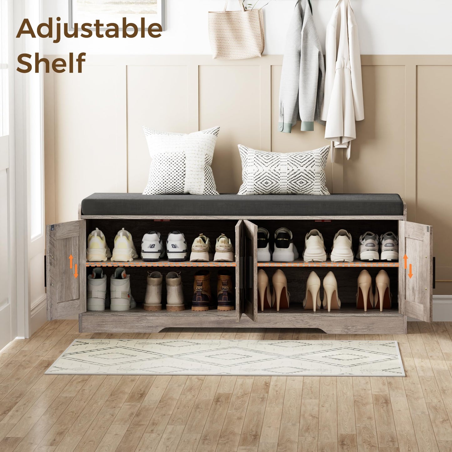 Homleke 2-Tier Storage Bench, Shoe Bench with Thickened Padded Seat Cushion, Entryway Bench with 4 Doors, Adjustable Shelf, 13.8" D x 45.3" W x 18.5" H, for Entryway, Living Room, Bedroom, Greige