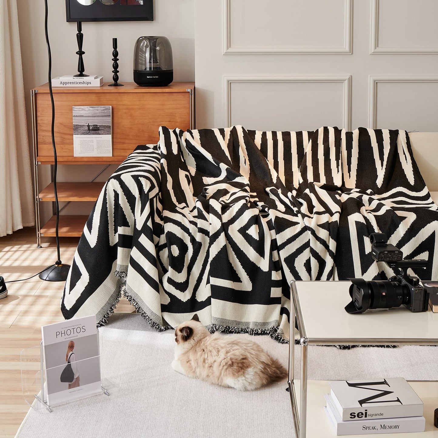 VClife Boho Couch Cover for Dog, Soft Cooling Sofa Cover for Sectional L Shape, Breathable Fabric Furniture Protector for Pet, Reversible White and Black Checkered Plaid Sofa Slip Cover Futon Cover