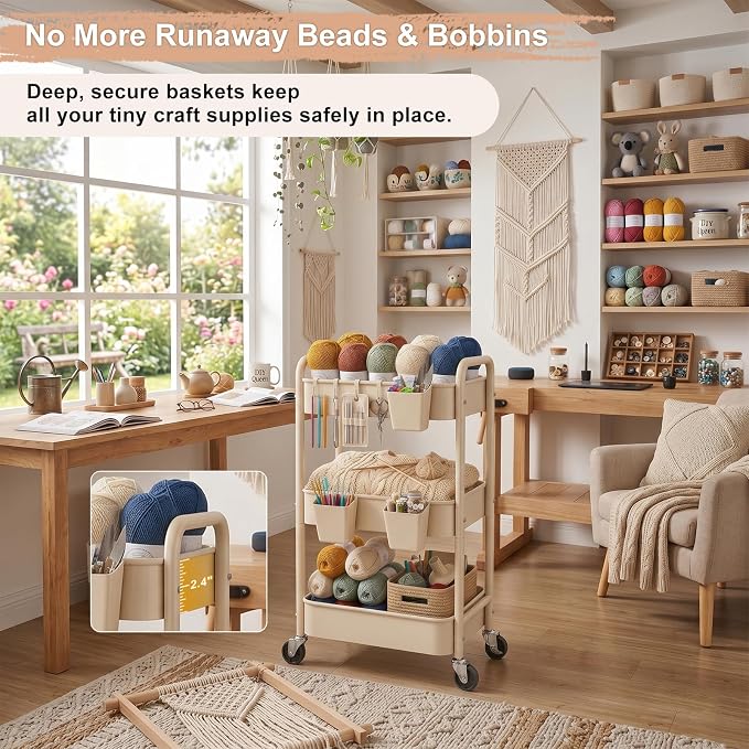 3 Tier Beige Rolling Storage Cart Metal on Wheels, Cream Three Tiered Diaper Caddy with Wheels,Utility Organizer Trolley for Nursery,Postpartum,Art,Craft,Khaki Roller Bedside Carts for Baby Essentials
