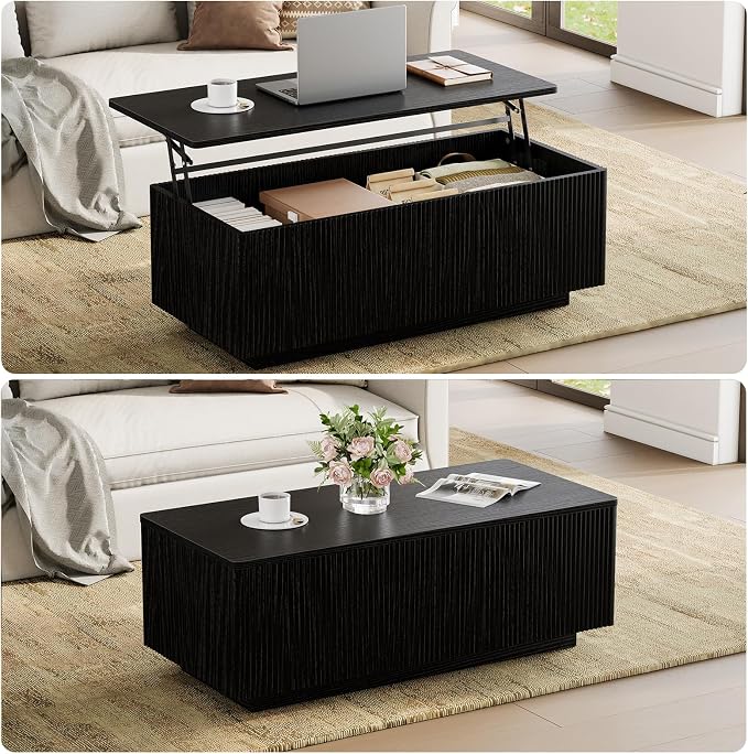 FABATO Mid Century Modern Coffee Table, Wooden Fluted Center Table with Large Hidden Compartment, 41.7” Rectangle with Round Corners, Lift Up Farmhouse Wood Table for Living Room, Home Office, Black