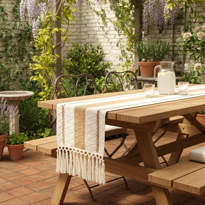 FEXIA Boho Table Runner for Hoilday Spring Home Decor with Tassels 72 Inches Long Pottery barn Furniture Farmhouse Rustic Macrame Burlap Table Decoration for Living Room (12x72 Inches)