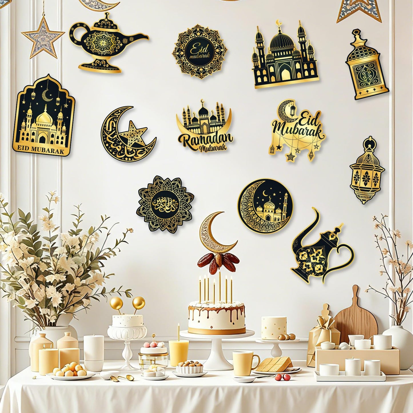 Large 11"x14" Eid Mubarak Cutouts Decorations Cardboard Cutout Set of 12, Ramadan Cutouts Wall Door Windows Decor, Muslim Islamic Mosque Castle Paper Cut Outs Decoration (Black Gold)