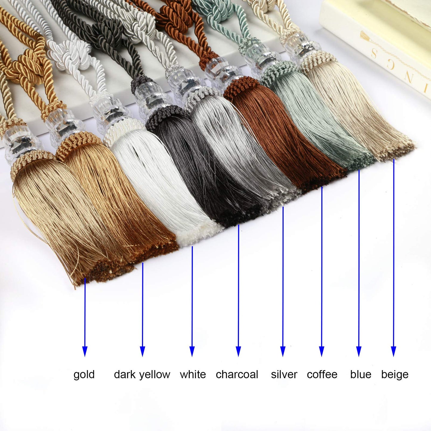 Fenghuangwu Tassel Curtain Tiebacks Handmade Curtain Tie Backs, Elegant Crystal Curtain Holdbacks for Home Office Decor (White, 2P)