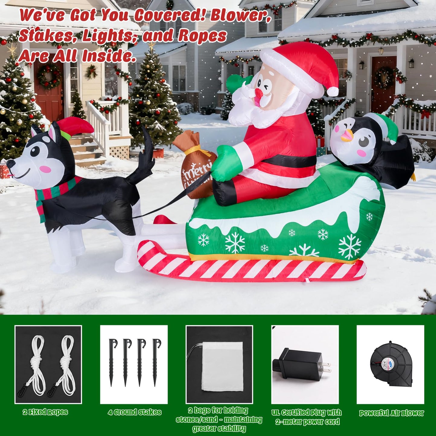 Meland Christmas Inflatables Outdoor - 9.5 FT Christmas Blow Ups Yard Decorations with Lights & Three Characters - Dog, Santa Clause on Sleigh, Penguin, Inflatable Decorations for Outside, Lawn Decor