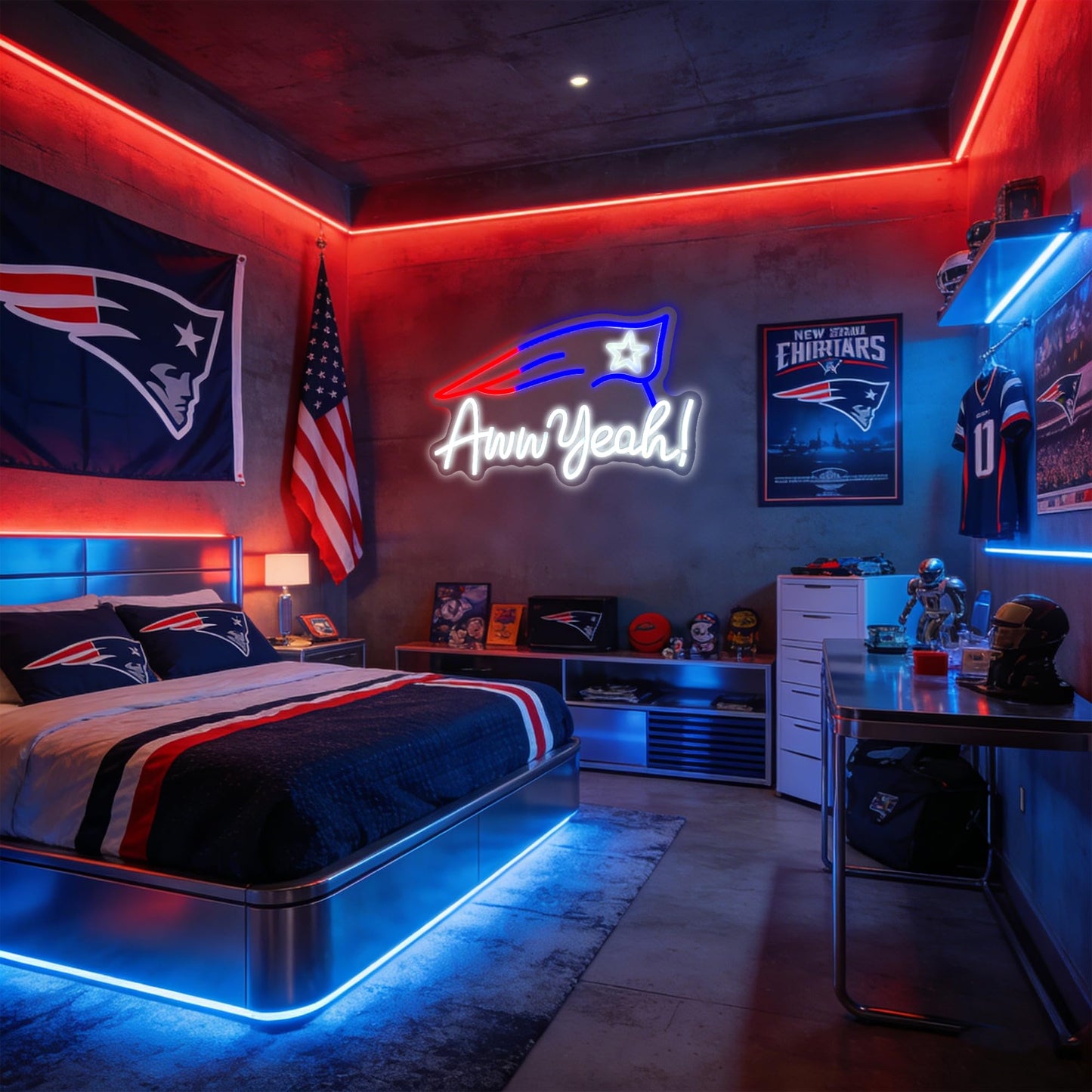 Football Team Neon Sign, Cool Dimmable Light Up Led Aww Yeah Football Sign Merch Logo Hanging USB Powered for Wall Decor, Man Cave, Bedroom, Game Room Deco, Birthday Christmas Gift for Kids Boys Fans (Petriots)