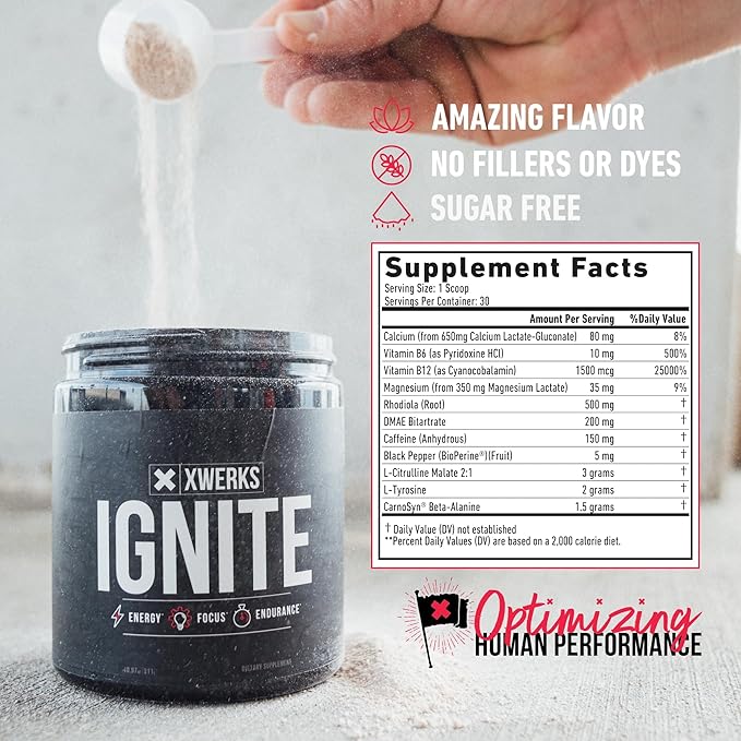 Xwerks Ignite Blue Razz Pre Workout Powder, Natural Keto Pre Workout for Women and Men with Explosive Energy, Gluten Free Blend for Endurance and Stamina, 150mg Caffeine, 30 Servings