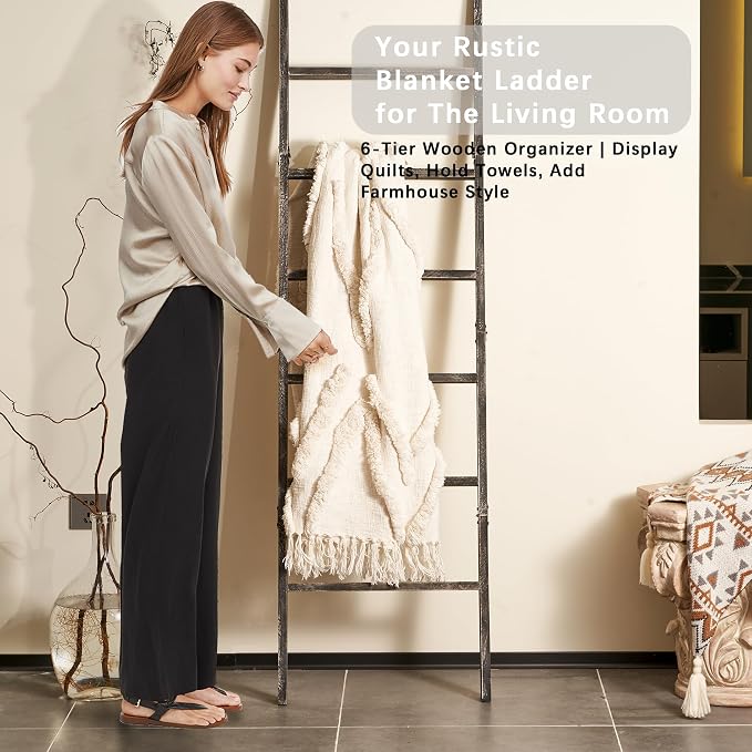 Blanket Ladder for The Living Room 6-Tier, Wooden Decorative Quilt Holder for Bed Room, Wall-Leaning Wood Towel Rack for Bathroom，Rustic Farmhouse Ladders for Display.(Black Wash)