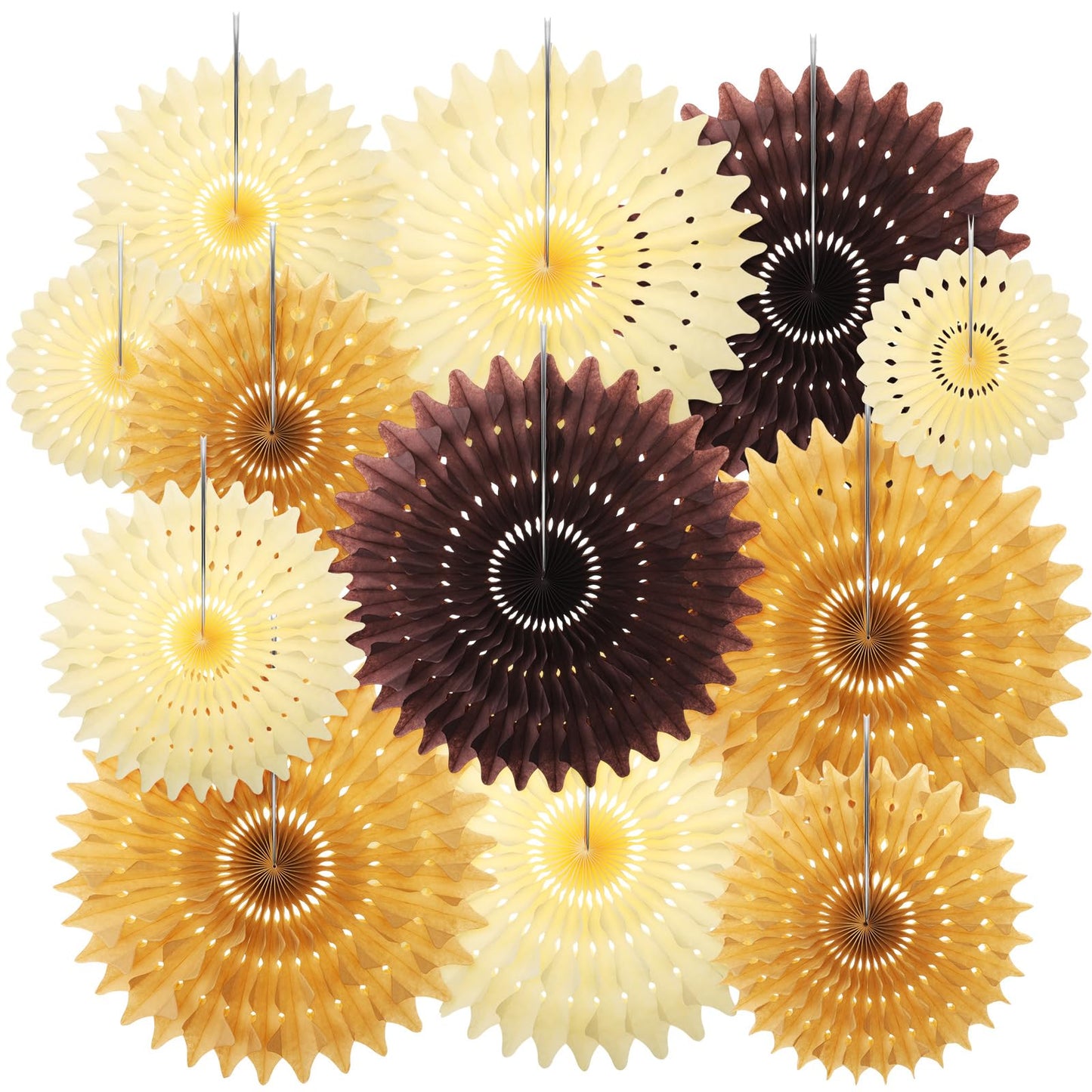 Outus 12 Pcs Hanging Honeycomb Paper Fans Sets, Fiesta Brown and Beige Party Decorations, Tissue Paper Flowers Supplies for Birthday Wall Classroom Wedding Photo Backdrop (14/8/6 Inch)