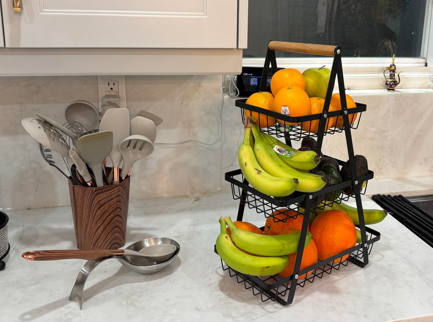 3-Tier Kitchen Countertop Storage Basket with Wooden Handles Perfect for Fruits, Snacks & Bread