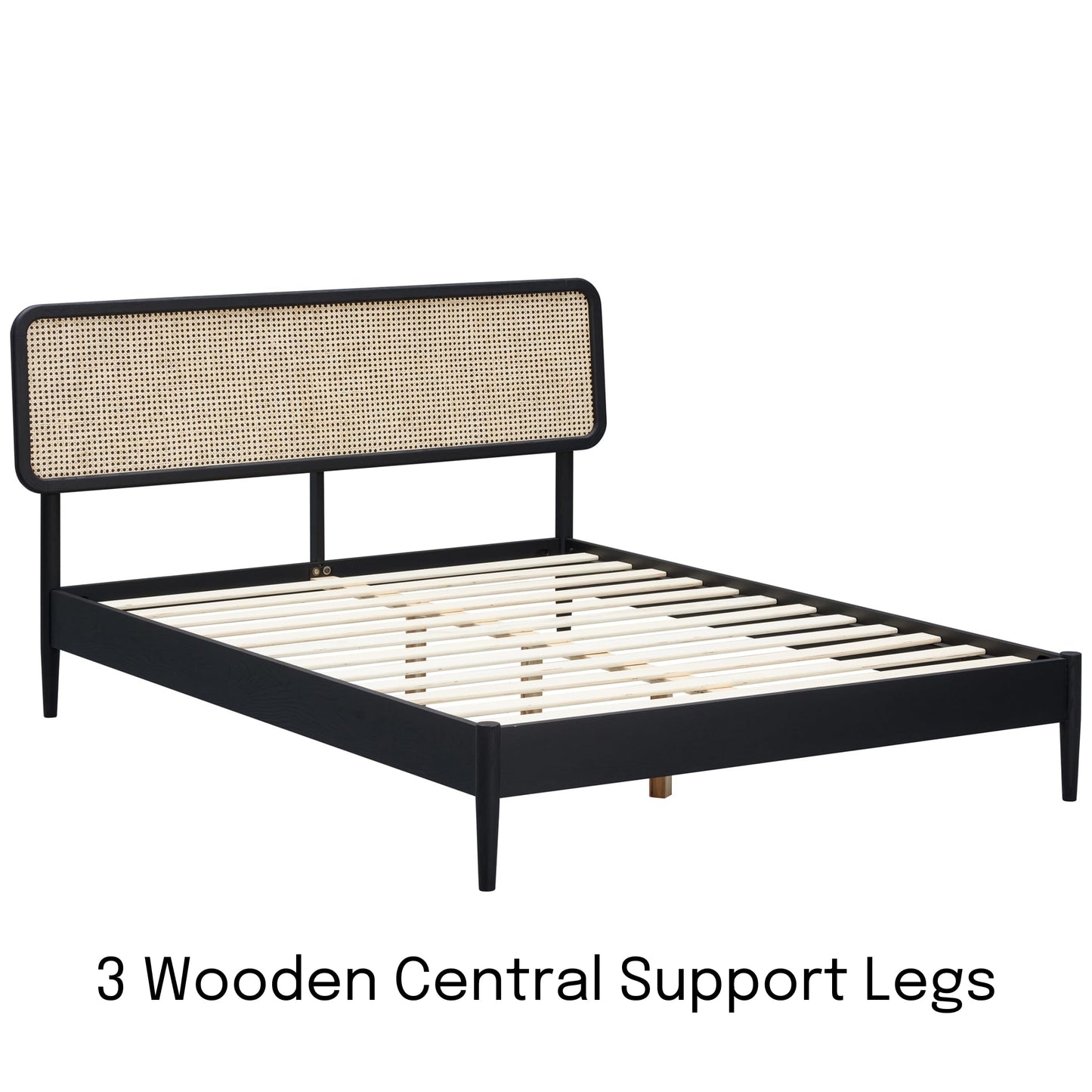NTC Lupin Wooden Bed Frame with Headboard and Natural Rattan, Solid Oak Foundation with Silent Slats, 1000 Lb Capacity, Effortless Assembly, Queen - Burnt Black
